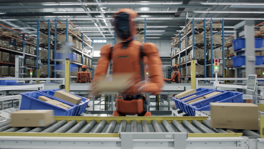 Time-lapse of Autonomous AI-Enabled Humanoid Robot Works at Fulfillment Center, Moving and Sorting Packages. Human Like Robots Work in Industrial Environment. Automated Warehouse or Logistics Center.