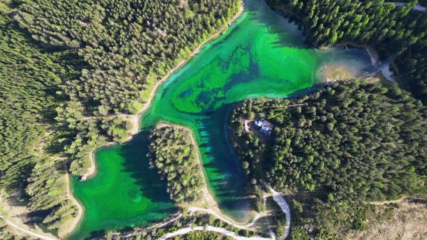 Aerial view of the vividly green Green Lake, framed by dense forests, creating a stunning contrast of colors and textures, Tragob, Styria, Austria.