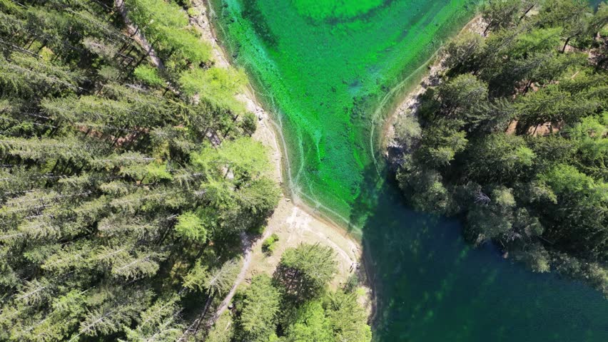 Aerial view of the emerald green Gruner See lake