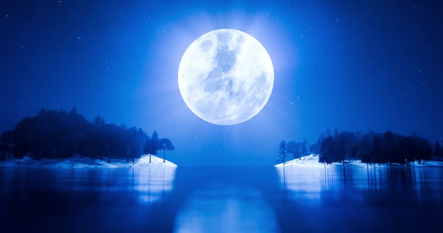 Super Moon Above River with Water Surface Reflection in Dark Sky Peaceful Night Scene Celestial Glow 3D Rendering																					
