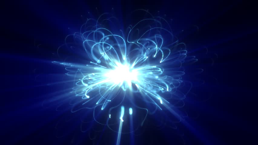 Brilliant blue-white energy burst with radiating light beams and swirling trails, symbolizing power, motion, and futuristic cosmic creation