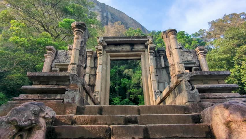 Ancient stone stairway case and doorway of historical palace at Yapahuwa Rock Fortress in Sri Lanka