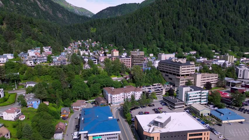 low angle aerial push in to the state capital in juneau alaska