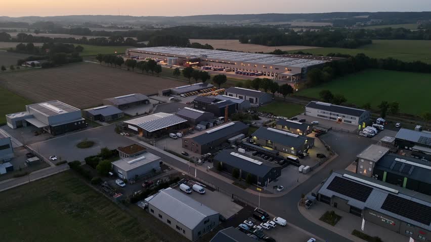 Industrial buildings with solar panels on roof at dawn. Aerial flyover shot. Warehouse with trucks on ramp. farm fields in distance. Wide shot. Calm sunrise in the morning .