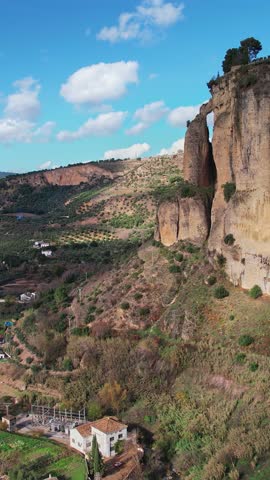Aerial view. Flying over green field, hilly land with garden orchard trees Malaga province, Spain