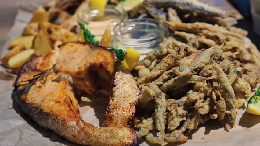 Close-up of a delicious fritto misto dish with crispy salmon and golden potatoes served at a restaurant, highlighting fresh and appetizing presentation.