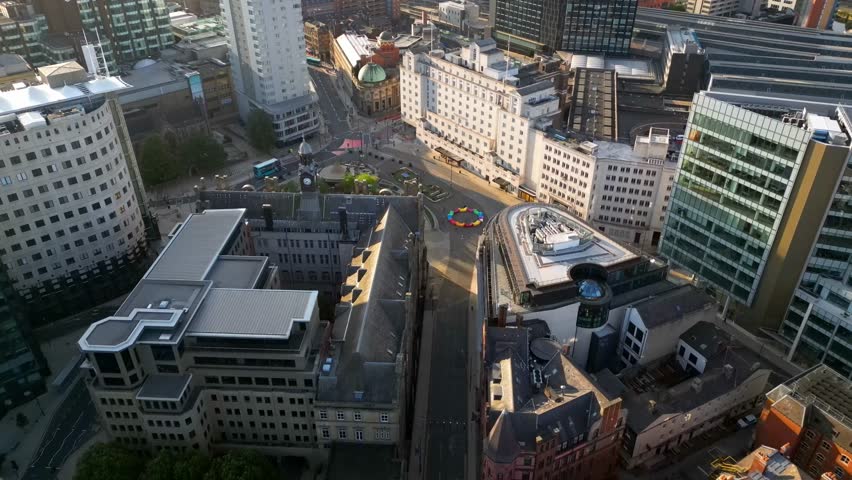 Leeds , United Kingdom (UK) - 08 16 2025: Aerial view over Leeds City Centre providing cityscape drone perspective