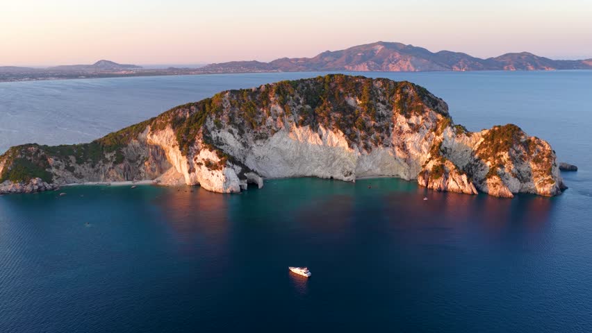 Aerial view of the island of Marathonisi or Turtle island in the bay of Laganas during golden sunset time, Zakynthos, Greece