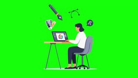 Illustration of a female graphic designer working on a laptop with design tools, color palettes, and typography icons, symbolizing creativity, digital design, and innovation - Powered by Shutterstock - Get 15% off with code: PIKWIZARD15