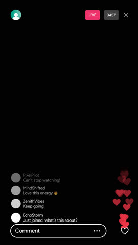 Social media livestream interface animation with hearts, comments, LIVE badge, heart fountain and chat UI. Vertical smartphone interface for TikTok and Instagram. Transparent alpha MOV overlay.