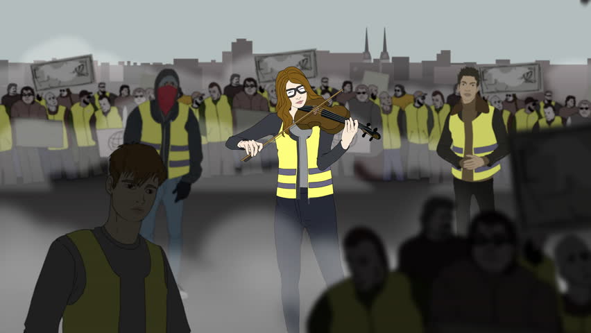 Girl in glasses plays on violin in yellow jacket. Protesting crowd on the street. Green screen animation