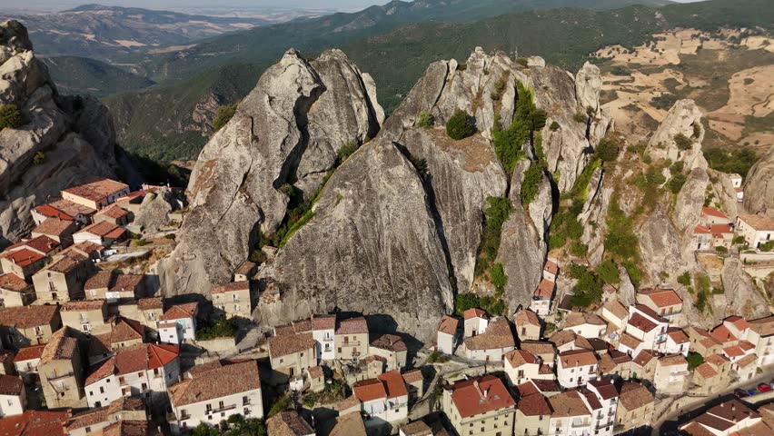 Aerial Drone View of Pietrapertosa Village Nestled Among Rocky Peaks in the Dolomiti Lucane, Basilicata, Italy