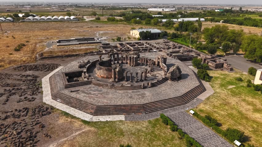 Aerial view of Zvartnots Cathedral in Armenia on a sunny day