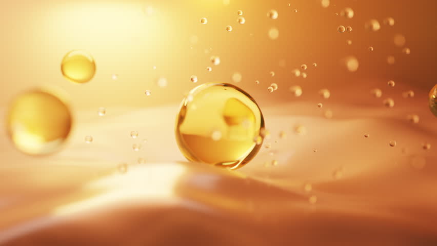 Golden serum capsule floats in luxurious oil fluid. Ideal for skincare ads, cosmetic visuals, and anti-aging product presentations.