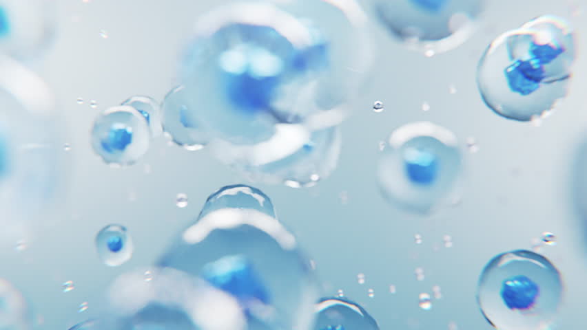 3D molecules float inside transparent serum liquid. Ideal for skincare ads, cosmetic product visuals, and anti-aging ingredient presentations.