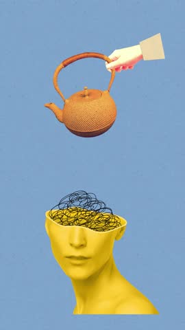 Woman with flowers on her head, mental health 4K animation. Mindfulness, positive thinking, self care idea. Conceptual design symbolizing personal growth