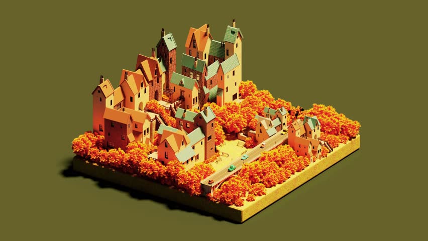 Isometric model of multi-storied modern buildings in an autumn park, shown in daylight with colorful fall trees. Perfect for urban planning, architecture, city design, and seasonal  themes
