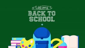 Welcome  Back To School season design featuring colorful icons like books, pencils, globe, backpack, ruler, and chalkboard. Perfect for education, learning, and classroom celebration visuals. - Powered by Shutterstock - Get 15% off with code: PIKWIZARD15