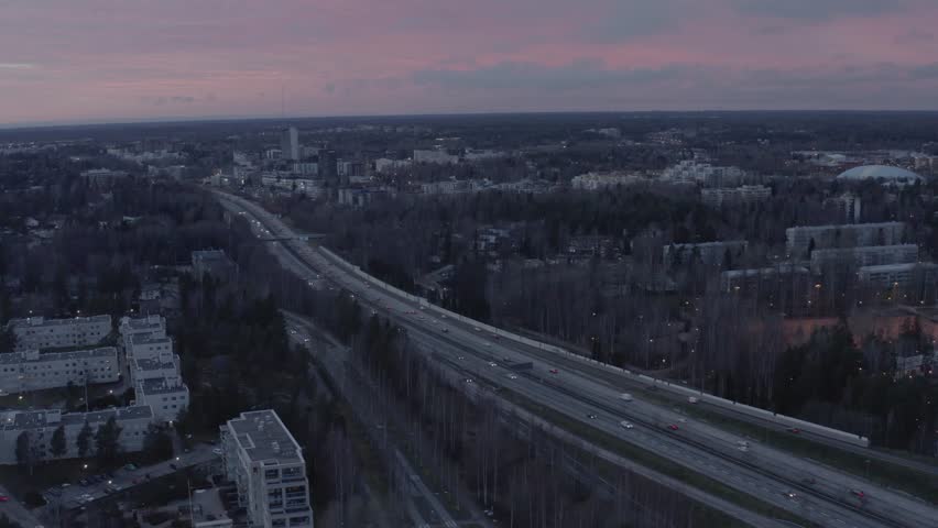 Aerial Helsinki Finland Summer City, Traffic, Nature and the Sea, Dusk