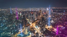 Aerial hyperlapse of a futuristic metropolis at night. This smart city concept visualizes a high-tech financial network, with glowing data streams and blockchain icons connecting the urban landscape. - Powered by Shutterstock - Get 15% off with code: PIKWIZARD15