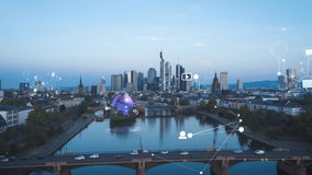 A stunning aerial of Frankfurt's skyline visualizes a futuristic smart city, connected by a global network of data, social media, and financial technology icons. - Powered by Shutterstock - Get 15% off with code: PIKWIZARD15