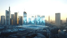 Aerial of Frankfurt's financial district at sunrise. This futuristic VFX concept visualizes a holographic stock exchange, with a world map and data, representing a smart city's global economy. - Powered by Shutterstock - Get 15% off with code: PIKWIZARD15