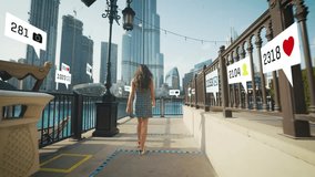 Dubai, UAE - March 14, 2025: Social media influencer in Dubai gets likes, follows, and messages. Animated icons show her online popularity against the city skyline. - Powered by Shutterstock - Get 15% off with code: PIKWIZARD15