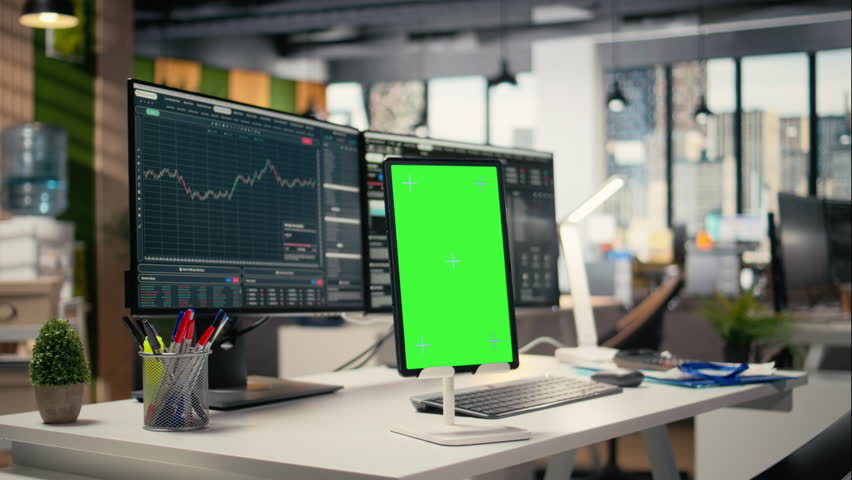 Close up of isolated screen tablet displaying stock market graphs in proprietary firm office. Mockup device on brokerage workspace desk used for stock exchange analysis and strategy planning - Powered by Shutterstock - Get 15% off with code: PIKWIZARD15