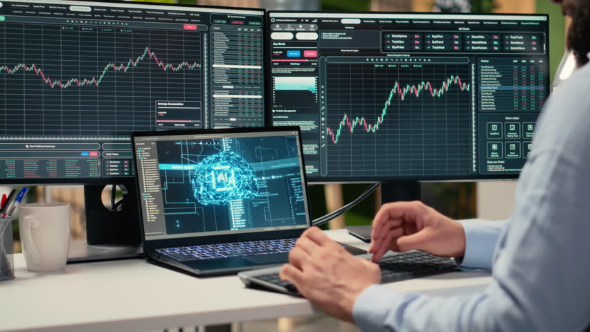 Stockbroker using deep learning technology on laptop to assess stock market volatility. Prop firm worker using AI assistant software on notebook to evaluate portfolio analytics reports, camera B