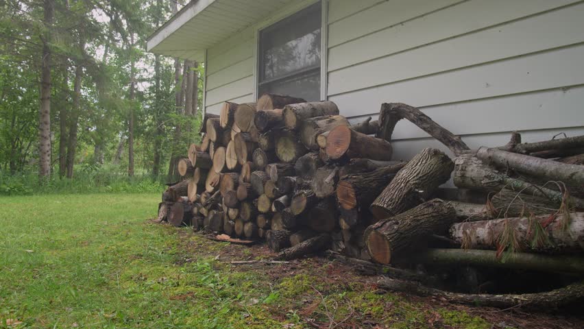 Large Stack of Firewood Against White Farmhouse Garage