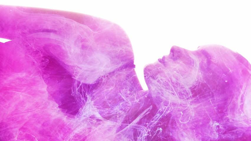 Vertical video. Spiritual silhouette. Aura energy. Meditation enlightenment. Double exposure pink glitter mist flow in peaceful woman face outline isolated on white.