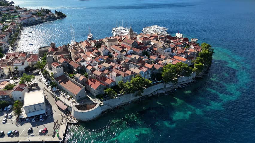 korcula aerial drone view east coast of the island of Korčula, in Croatia, in the Adriatic sea balkans