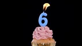 A single cupcake with pink frosting and a blue number six candle is extinguished, with smoke rising against a black background in steady lighting - Powered by Shutterstock - Get 15% off with code: PIKWIZARD15