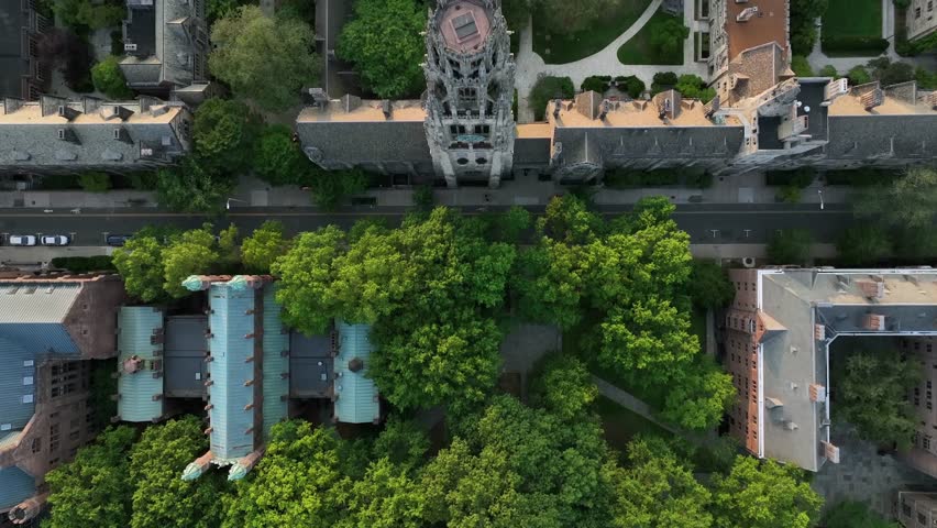 Aerial Top-down of Yale University’s gothic architecture, historic courtyards and symmetrical campus layout in New Haven, Connecticut. Sunny day in summer.