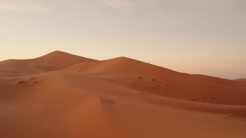 Sand Dunes Of Sahara Desert In Merzouga, Morocco. - wide shot