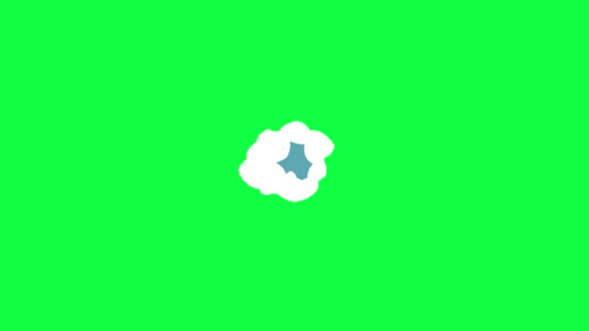 An animation of a white, cartoon-style smoke cloud with a blue center exploding against a bright green screen, suitable for video effects.