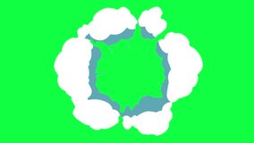 An animation of a white, cartoon-style smoke cloud with a blue center exploding against a bright green screen, suitable for video effects. - Powered by Shutterstock - Get 15% off with code: PIKWIZARD15