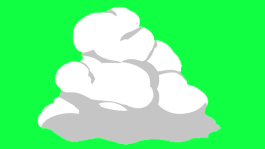 An animation of a white, cartoon-style smoke cloud exploding against a bright green screen, ideal for video effects and digital compositing.