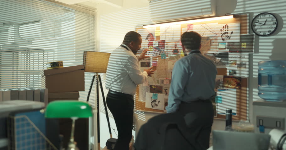 Men, detective or map with private investigation for crime scene, conflict or murder case. Disagreement, link or investigator with evidence, serious or surveillance records with serial killer trace