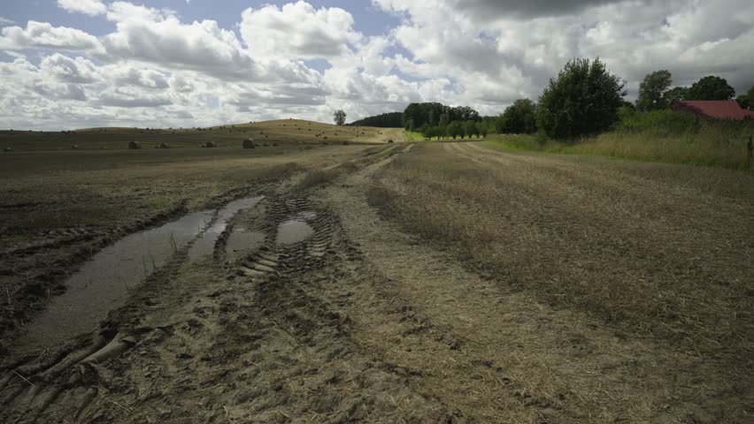 Panorama of agricultural fields on a sunny summer day. Mown grain and compressed round haystacks on the hills. Latvia