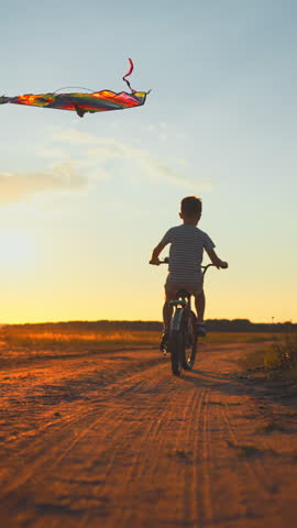 Silhouette of carefree child riding bicycle and flying kite in field, back view, slow motion. Vertical video with little boy playing in nature, be yourself and enjoy summer vacation, go your way