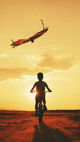 Childhood memories, little boy spending merry summer weekend in country. Vertical video with child riding bike and flying kite, following shot, cinematic slow motion, dream about flight in future
