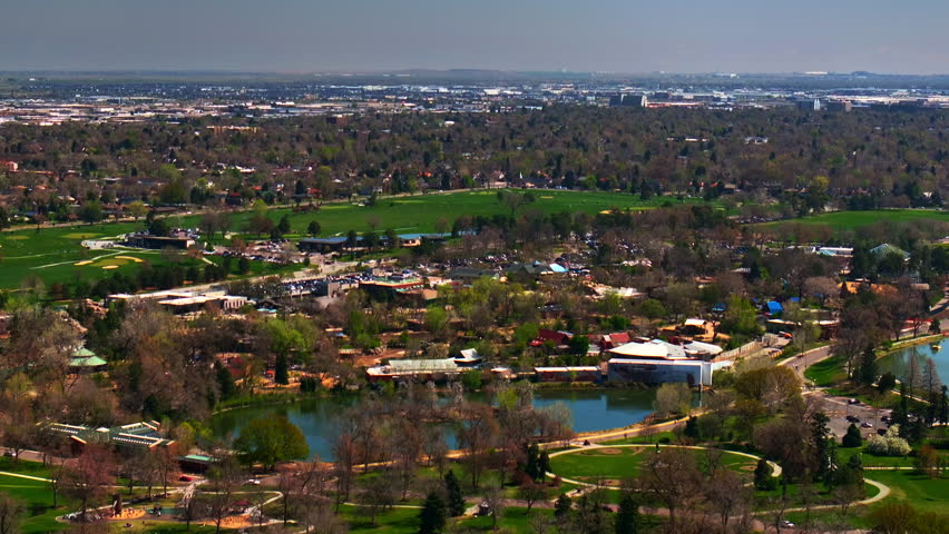 Ferril Duck Lake City Park Pavilion Golf Course Downtown Denver Cityscape Colorado aerial drone The Denver Museum of Nature and Science building city living spring summer pan right motion
