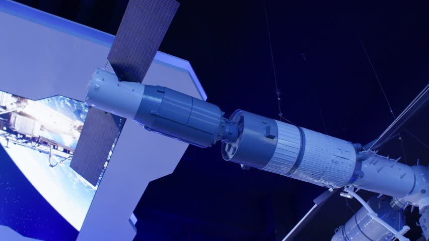 Chinese Space station model under blue light in Xichang, China