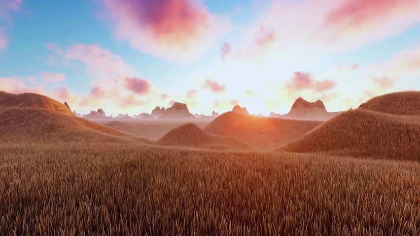 beautiful sunrise landscape view with grass hills and pink clouds background animation. Enjoy the serene nature scene with golden light and a peaceful atmosphere.