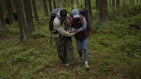 Long handheld shot of young multiethnic man wearing hiking backpack helping girlfriend with injured leg moving carefully through woodland during outdoor adventure and sitting down on fallen log - Powered by Shutterstock - Get 15% off with code: PIKWIZARD15