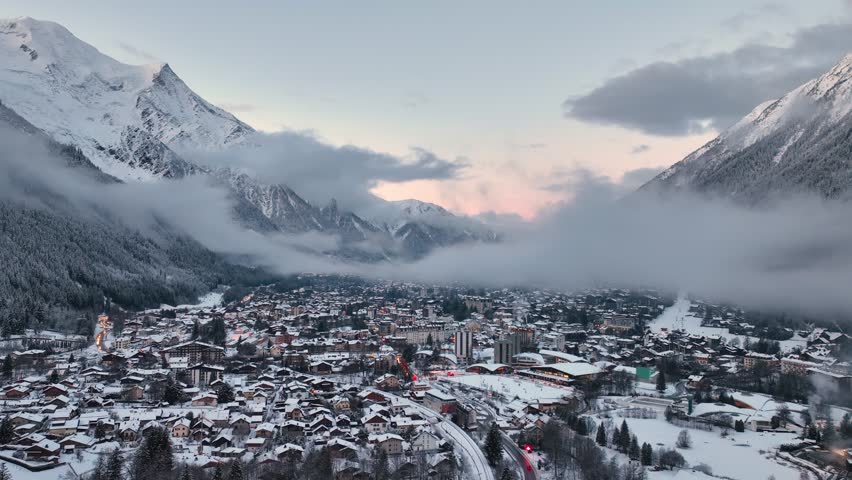 Chamonix ski town, winter in the French Alps, snowy Christmas morning in Chamonix valley, drone view of Chamonix village. 3D Illustration