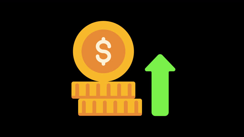 Animated golden coins stack with a dollar sign and a green arrow pointing upwards, illustrating financial growth and investment returns.