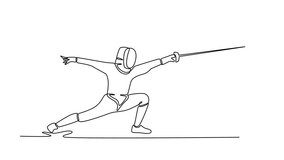 Animated self drawing of continuous line professional fencer at full extension in lunge attack. Symbolizing power, precision, aggressive action. Fencing competition. Full length single line animation - Powered by Shutterstock - Get 15% off with code: PIKWIZARD15