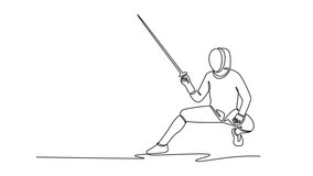 Animated self drawing of continuous line draw attractive fencer doing mid-lunge with foil. Symbolizing the skill, action, speed, and precision required in the sport. Full length single line animation - Powered by Shutterstock - Get 15% off with code: PIKWIZARD15